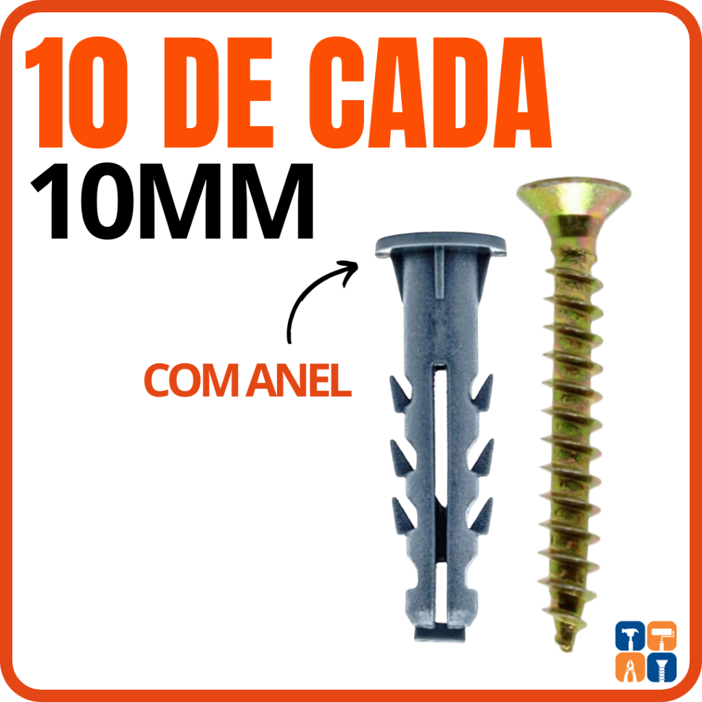 Parafuso e Bucha 10mm Fixação com Anel Kit 10 Parafuso 10 Philips  e Buchas para Parede Concreto