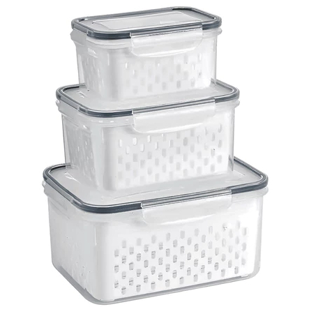 Kit 3  Potes Herméticos Cozinha Alimentos Com Cesto Removível Lavar Frutas Organizadores de Geladeira