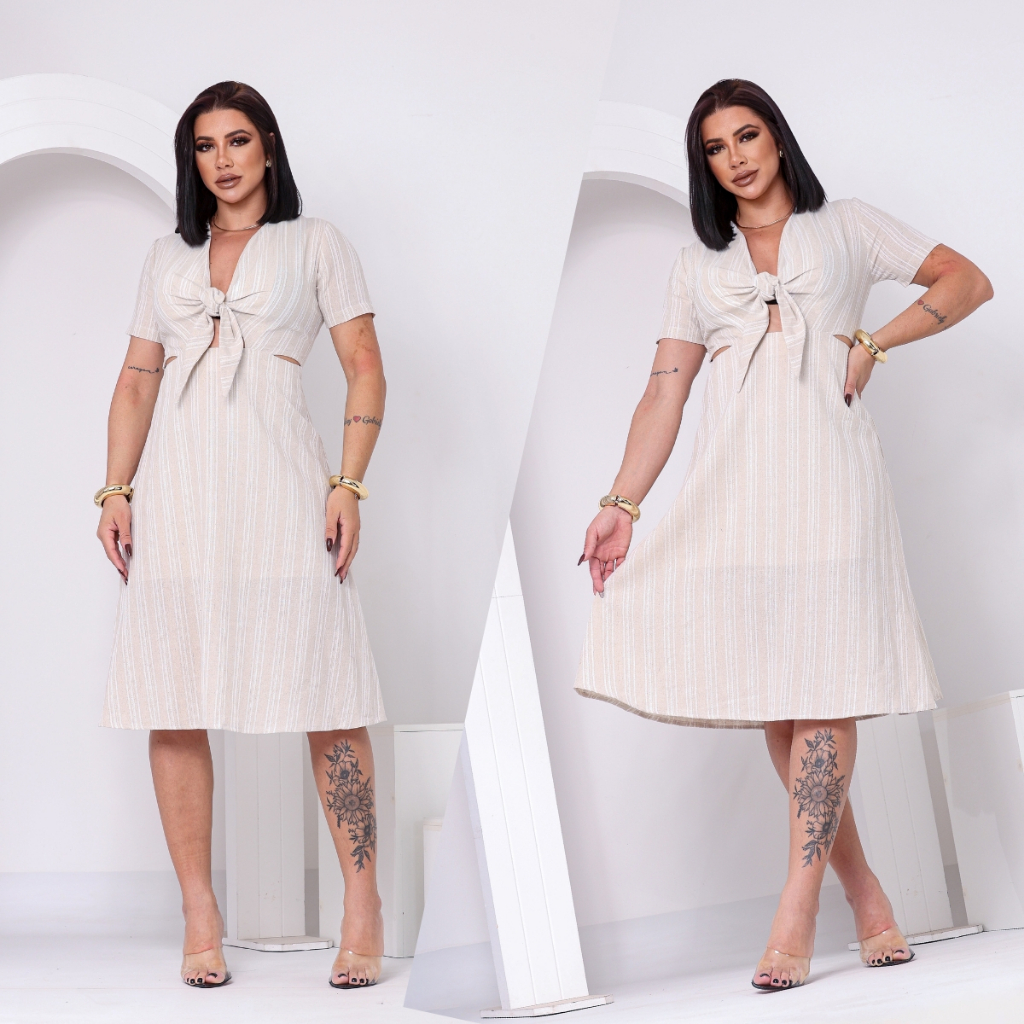 Vestido Midi Feminino Linho Listrado com Laço no Decote Manga Curta Moda Elegante