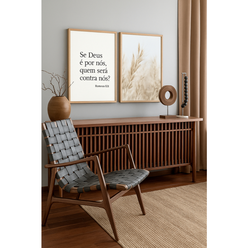 Kit 2 Quadros Decorativos Religiosos Versículo Romanos 8:31 Folhagem Minimalista Para Sala Quarto