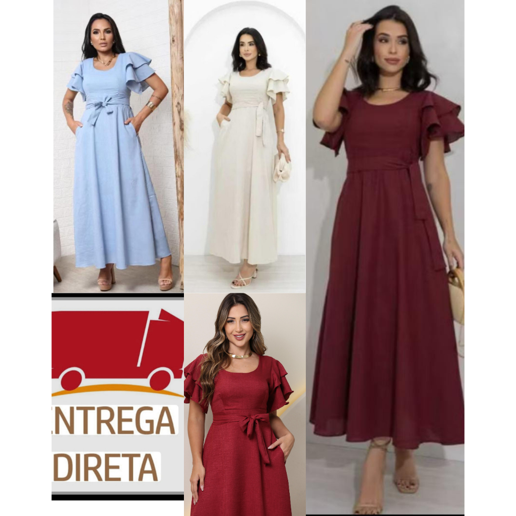 Vestido   feminino mídi  luxo elegante  manga babado TECIDO  ALFATARIA M  \\G  MODA EVANGELICA em Oferta na Shopee