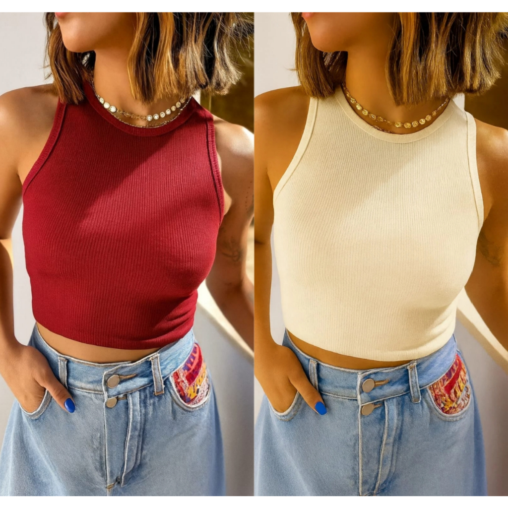 Kit 2 Cropped Canelado Feminino Malha Ribana Look Tumblr E Estilosa