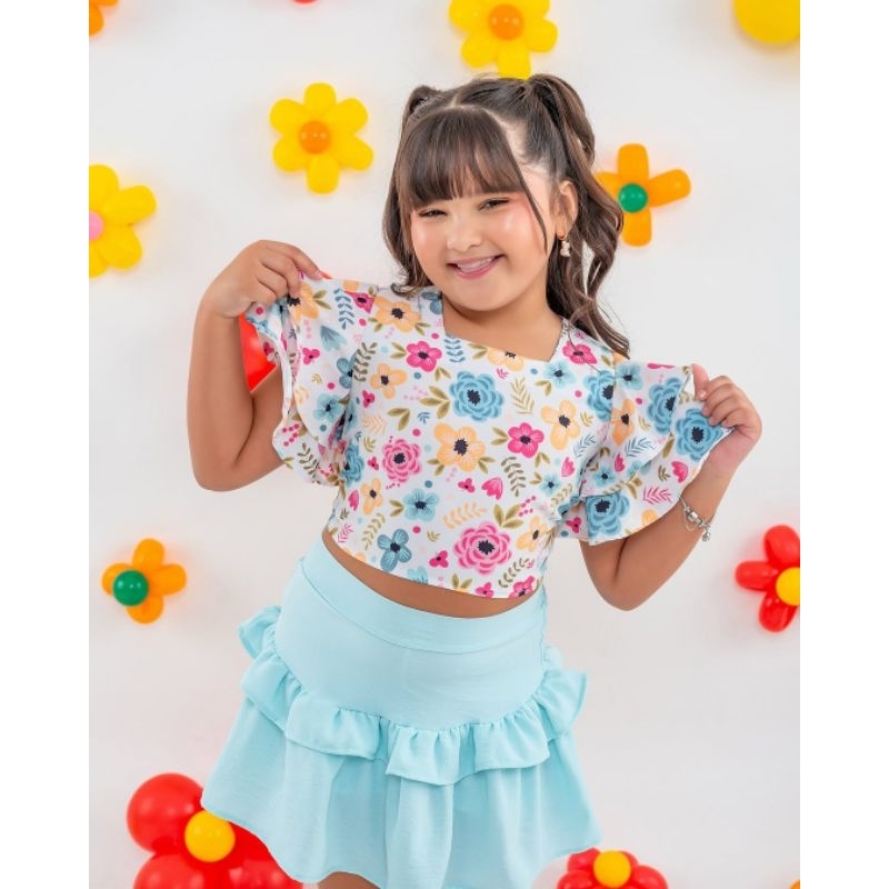 Conjunto Infantil Feminino short saia Cropped e Short Babado - Moda Blogueirinha Verão Menina Estampado