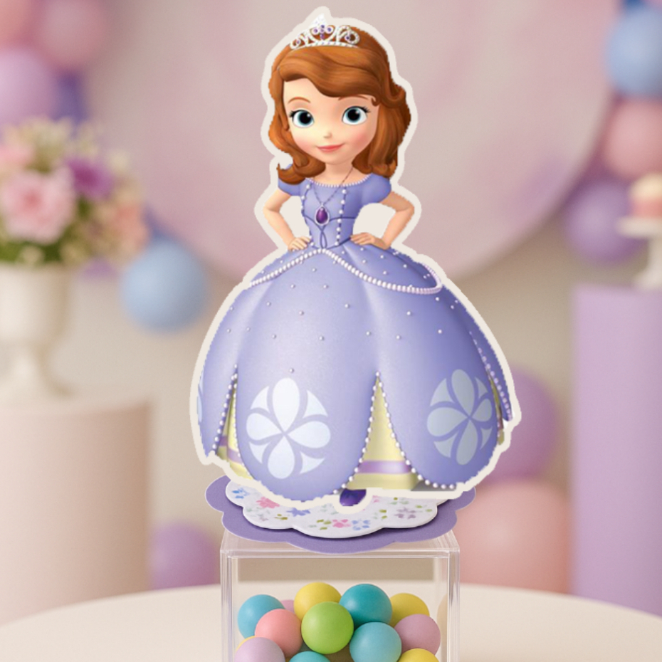 Kit 12 Apliques 3D Princesinha Sofia Tag para Caixa Acrílica Lembrancinha Festa Infantil