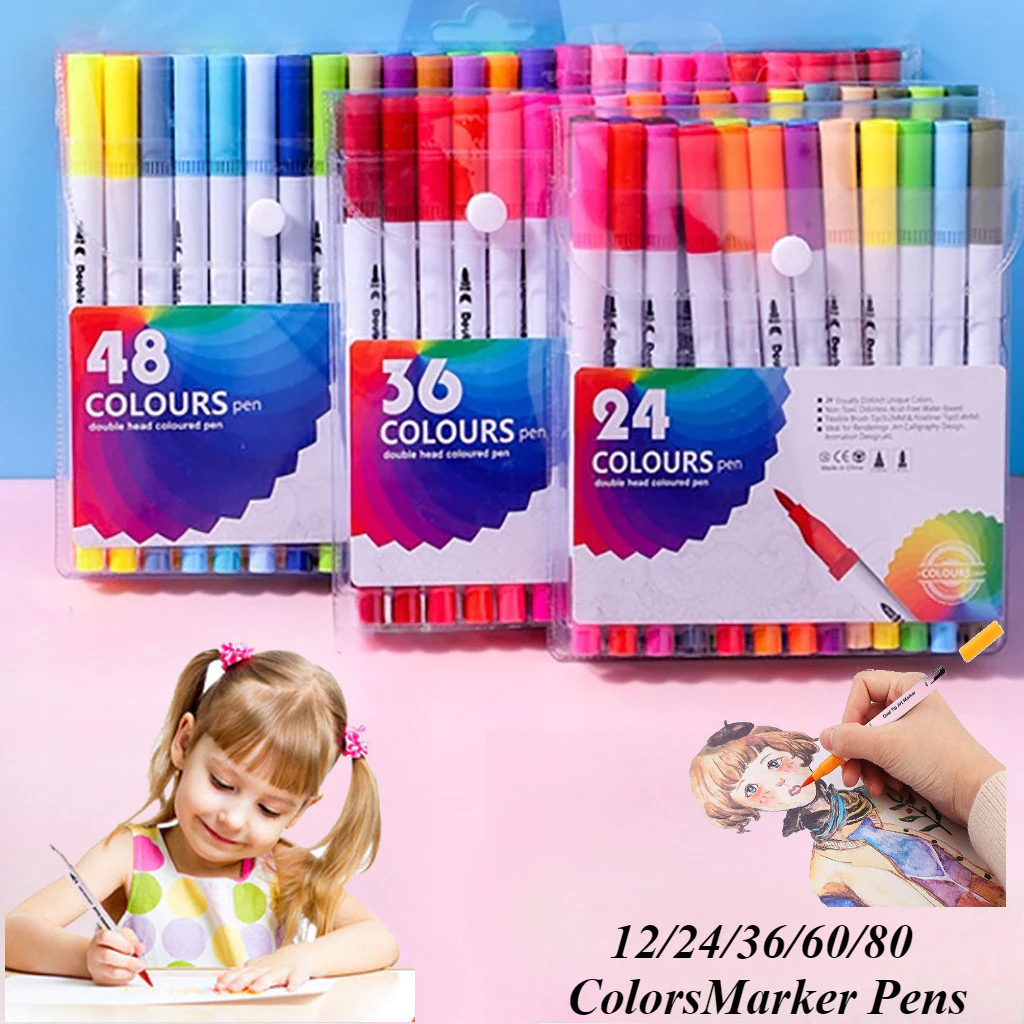 Kit 12/24/36/48 Cores Caneta 2 em 1 Brush Lettering e Ponta Fina Dual Pen Canetinha Colorir Desenho
