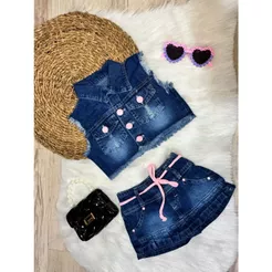 Conjunto Shorts Saia e Colete Jeans Molinho Menina 01 a 03 anos