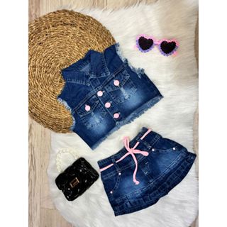 Conjunto Shorts Saia e Colete Jeans Molinho Menina 01 a 03 anos em Oferta na Shopee