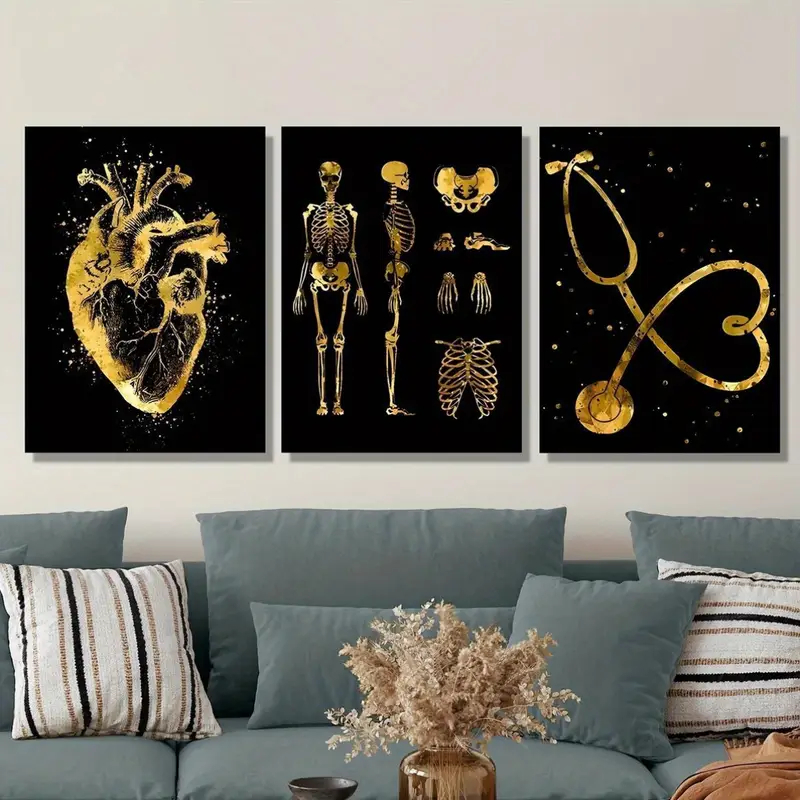 Kit 3 Quadros Medicina Anatomia Dourada Coração Esqueleto e Estetoscópio Decoração Sala Consultório