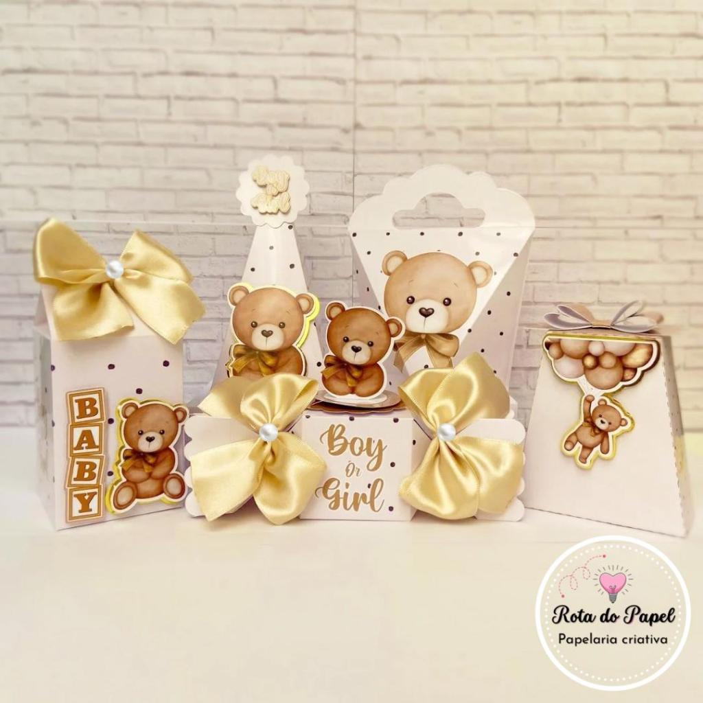Kit Caixinhas Personalizadas Festa Infantil | Lembrancinha Tema CHÁ REVELAÇÃO URSINHO DOURADO