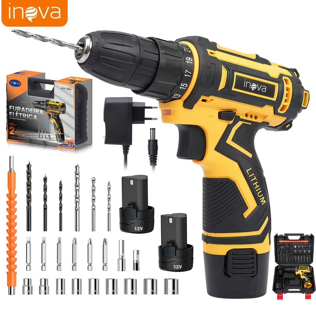 Inova Furadeira Parafusadeira Soquetes kit Brushless Elétrica Profissional 1350 rpm 2 Baterias Com Maleta em Oferta na Shopee