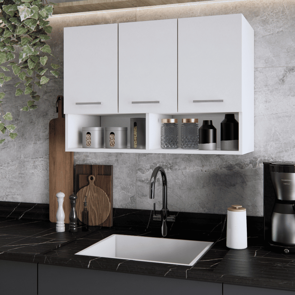 Armário Aéreo de Cozinha 3 Portas 88cm com Nicho Multiuso para Lavanderia Escritório DIA DOS PAIS