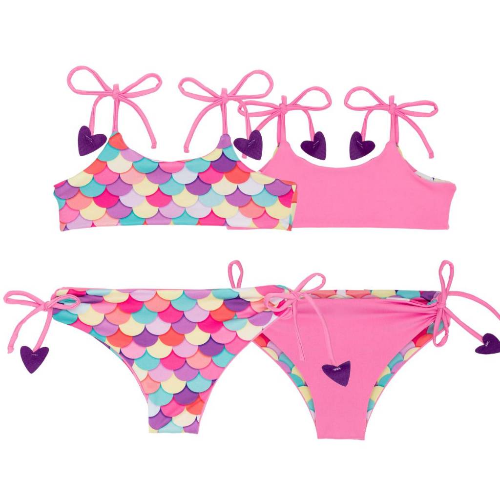 Biquíni Dupla Face Top + Calcinha Infantil Menina Praia Piscina de Amarrar Estampado Lacinho