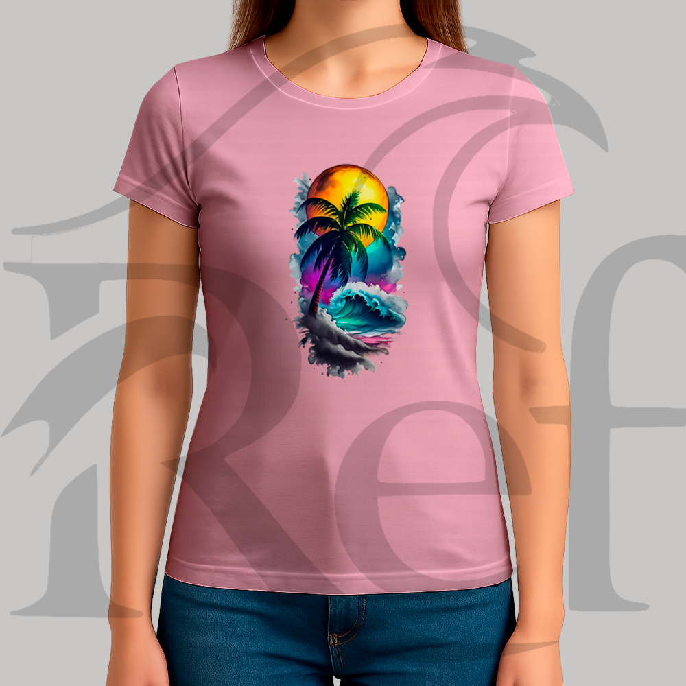 Camiseta Camisa Babylook Streetwear Palmeira E Sol Grande Malha Penteada Algodão Premium