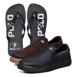 Kit 2 Pares Sapatenis Masculino Polo Fran Slip On Casual Tenis Elastico Bali + Chinelo