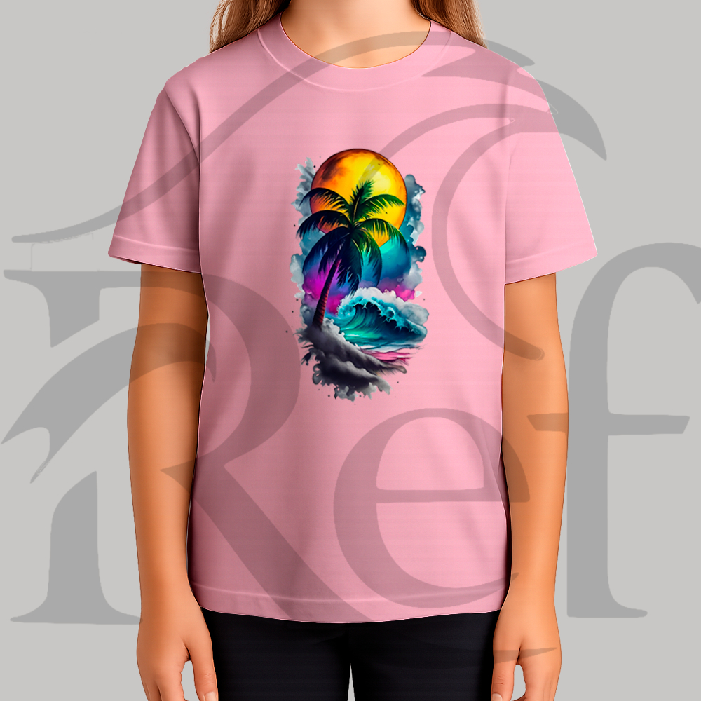 Camiseta Camisa Infantil Feminina Streetwear Palmeira E Sol Grande Malha Penteada Algodão Premium