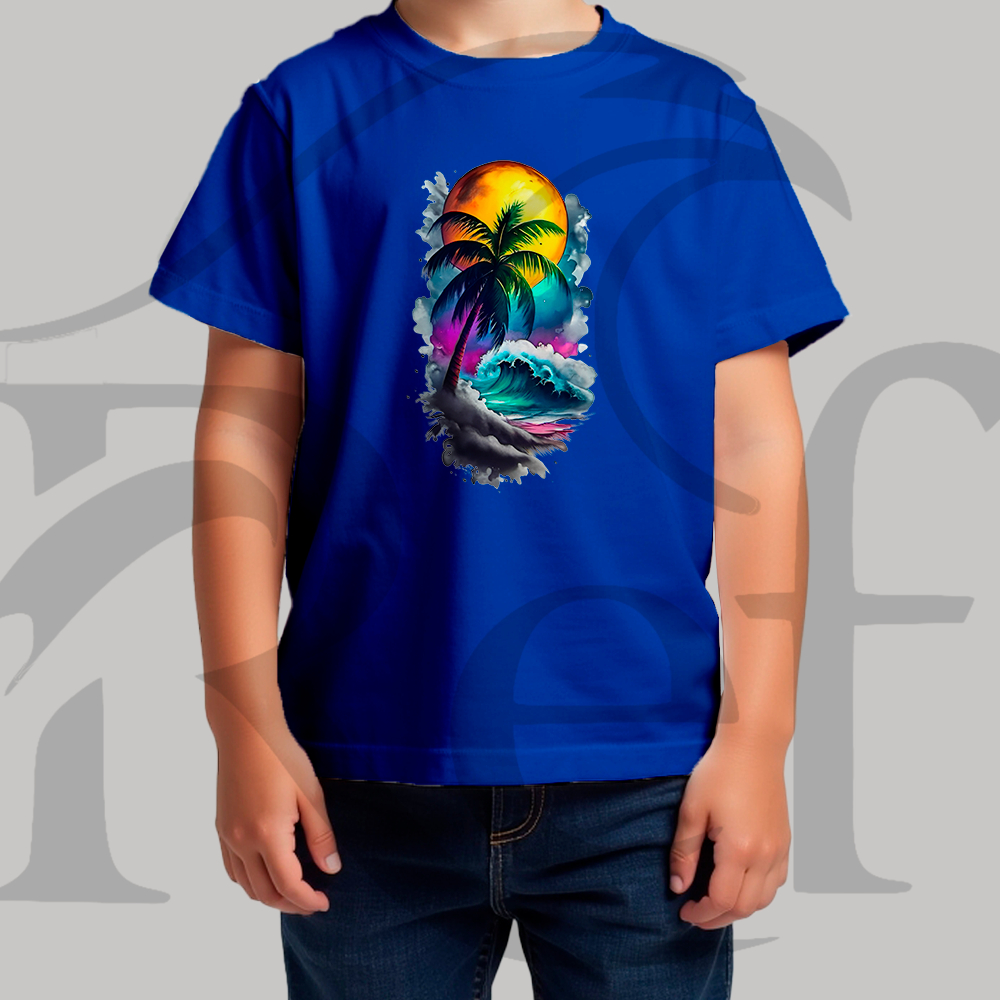 Camiseta Camisa Infantil Masculina Streetwear Palmeira E Sol Grande Malha Penteada Algodão Premium