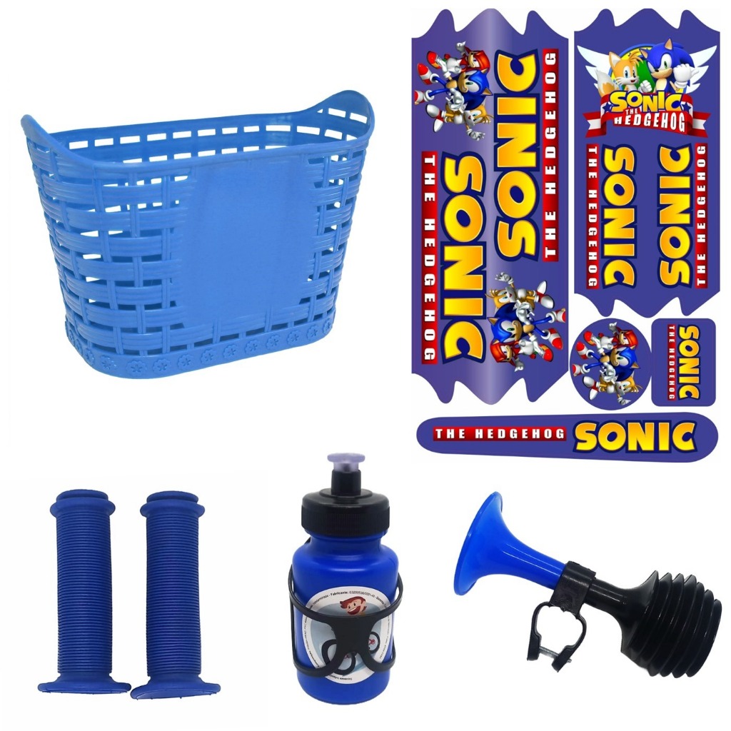 Kit Bike Masculino Adesivo Cesta Buzina Manopla Sonic Aro 16/20 Garrafa Squeeze Sonic Filme Ouriço