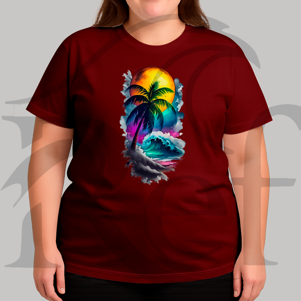 Camiseta Camisa Plus Size Feminina Streetwear Palmeira E Sol Grande Malha Penteada Algodão Premium