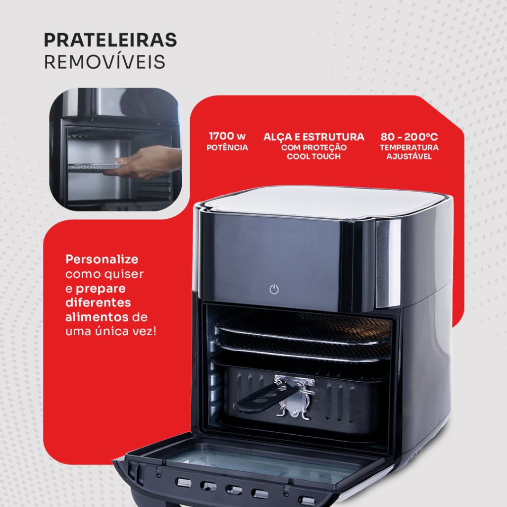 Detalhes do Fritadeira Elétrica Sem Óleo Air Fryer Amvox ARF 1412 Oven 12L Visor Transparente Com Led