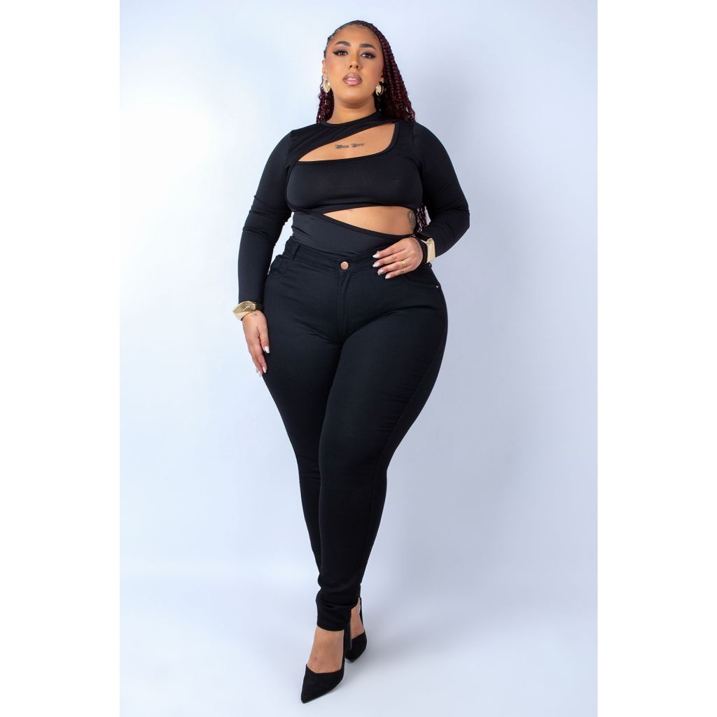 Calça Jeans Ane Plus Size Skinny Preta Moderna Cós Alto Trabalho em Oferta na Shopee