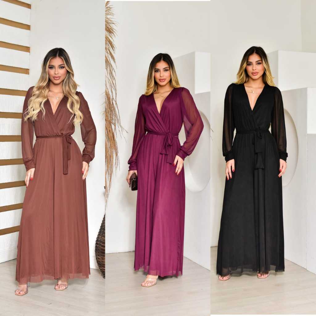 Macacão Feminino pantalona manga longa de Tule liso em Oferta na Shopee