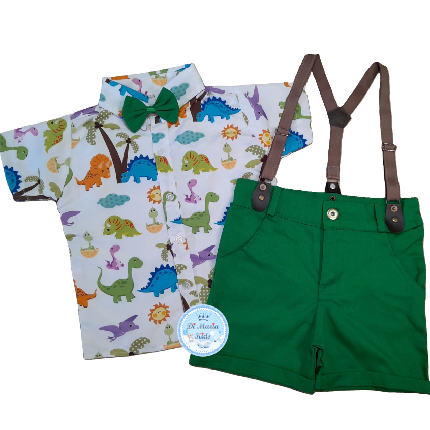 Conjunto Temático Dinossauros Camisa Short Suspensório Roupa bebe menino festa infantil personagem