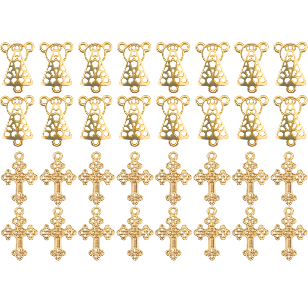 KIT 25 Pingente Crucifixo + 25 Entremeio Nossa Senhora Aparecida Cruz Furadinha Dourado Cataforético