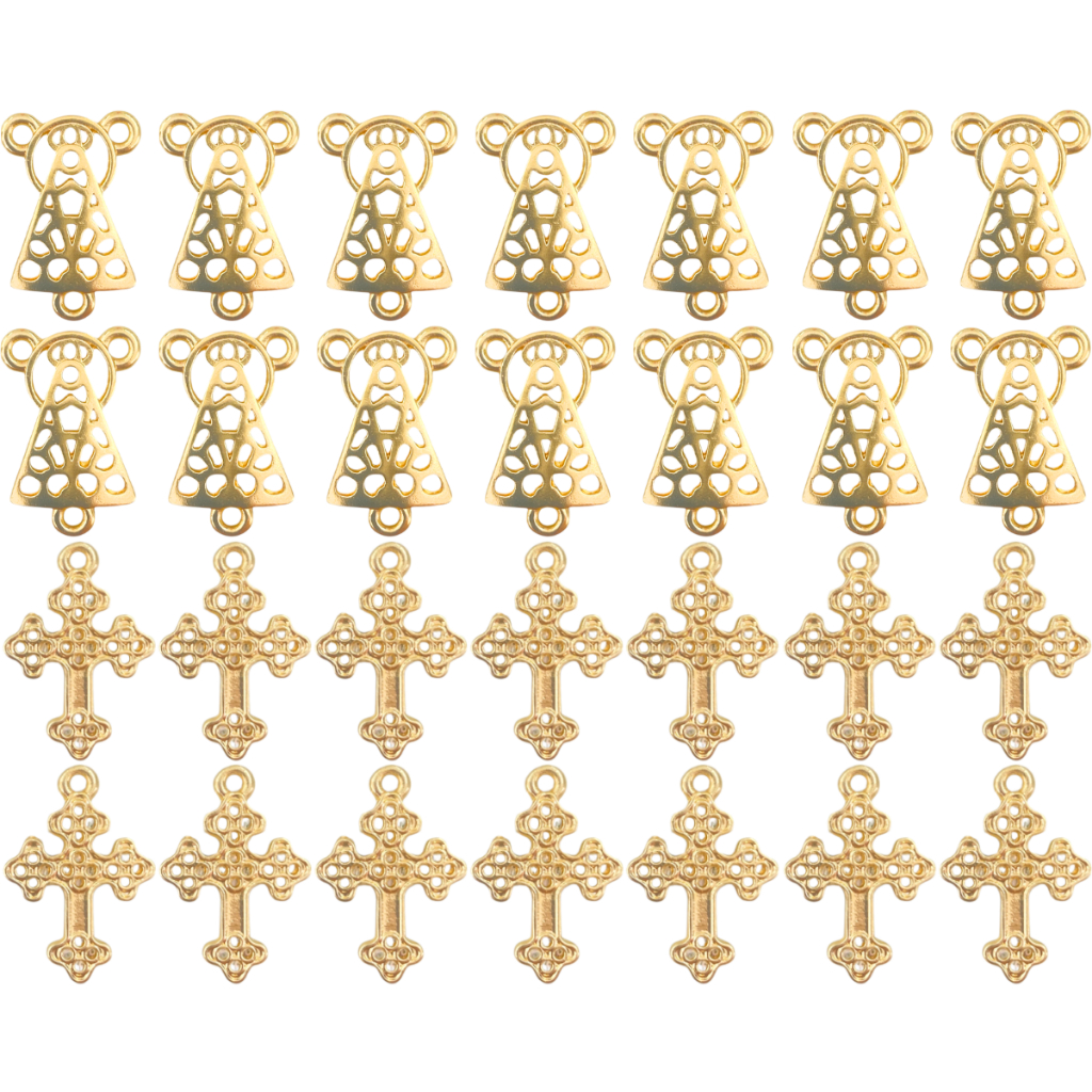 KIT 15 Pingente Crucifixo + 15 Entremeio Nossa Senhora Aparecida Cruz Furadinha Dourado Cataforético