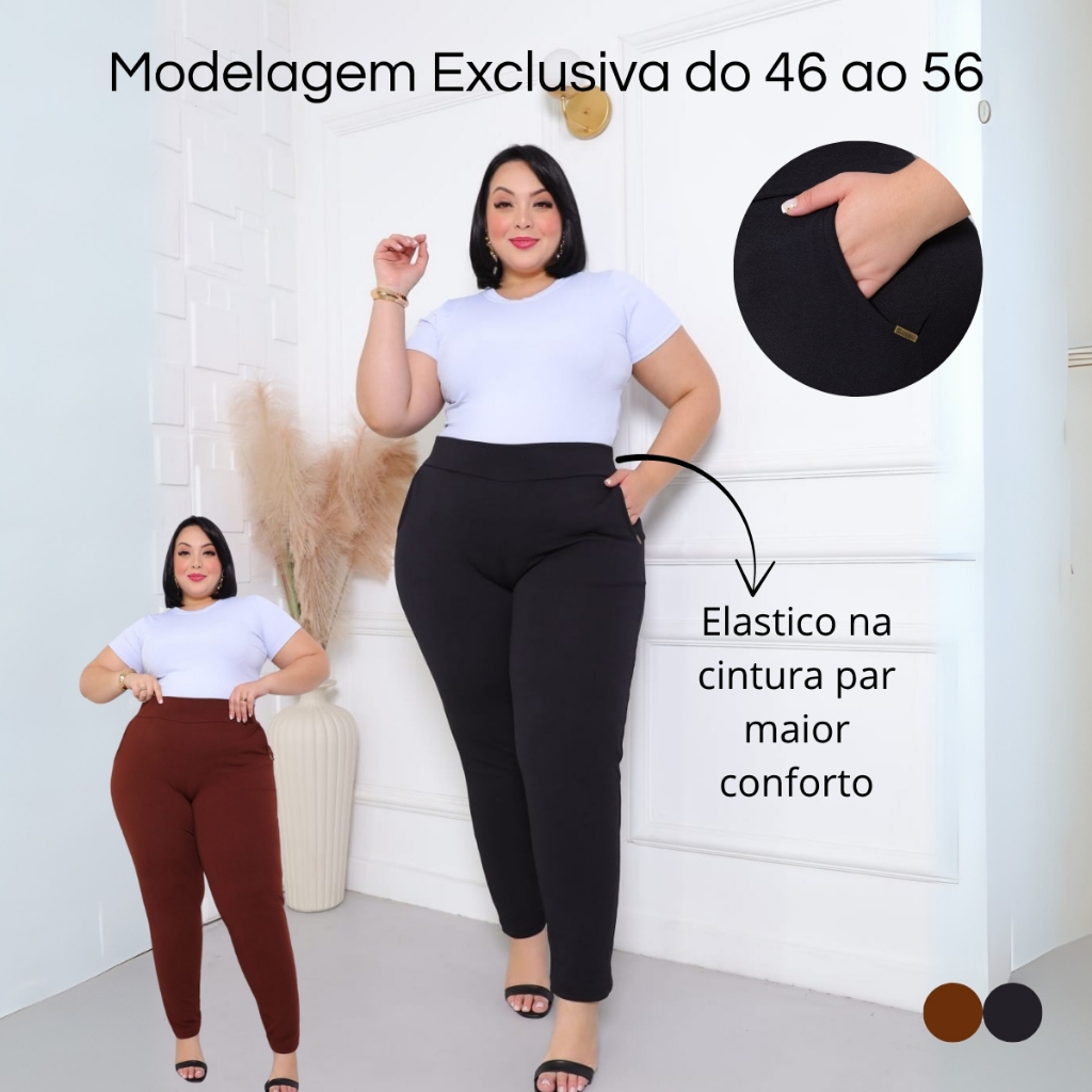 Calça Feminina Plus Size Cós Alto Modeladora em Malha Crepe do 46 ao 56 em Oferta na Shopee