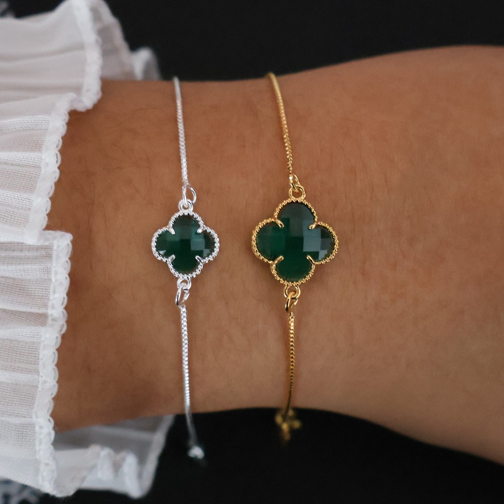 Pulseira Trevo Inspired Minimalista Feminina Verde Preto Semijoia Prata 925