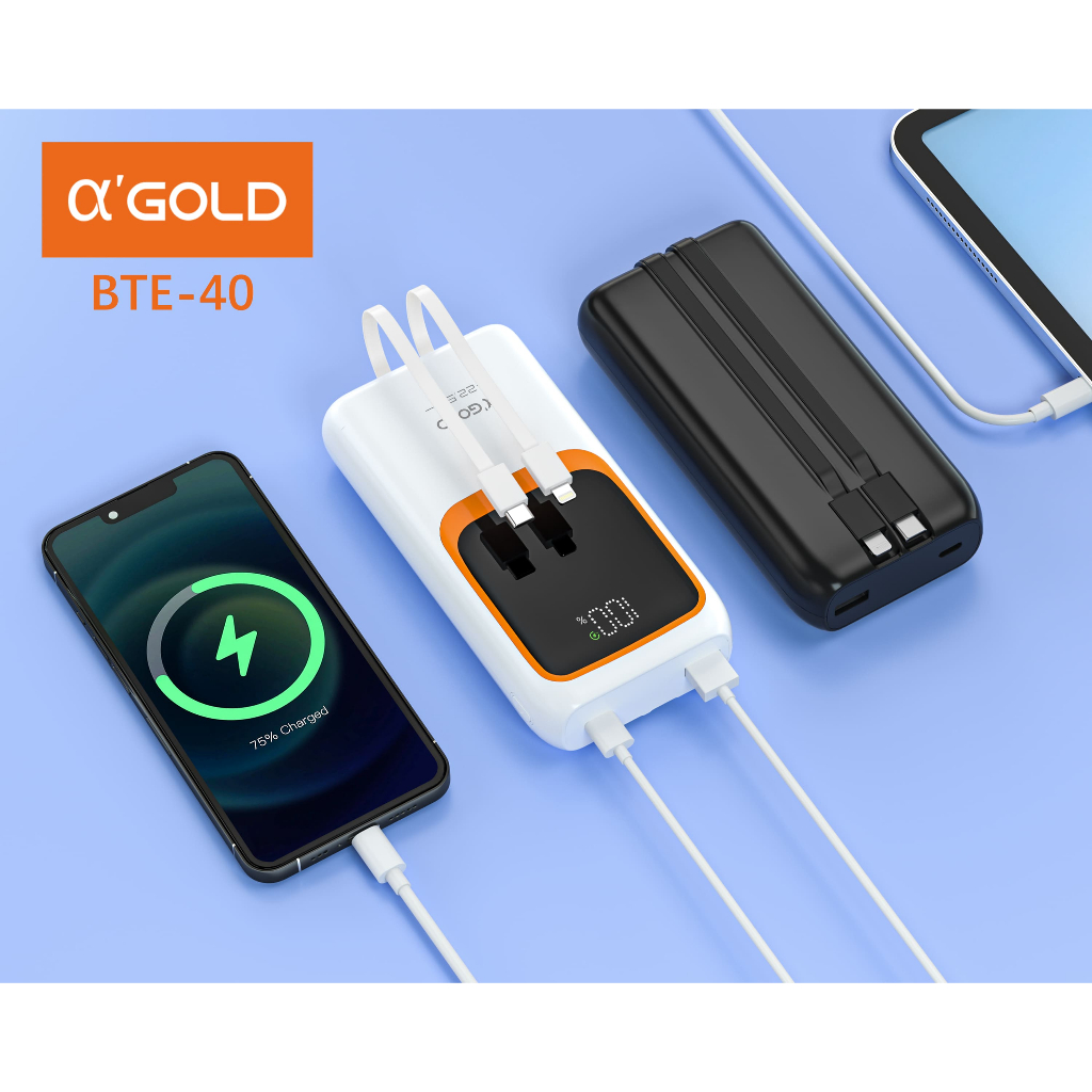 Power Bank α'GOLD BTE-40 20000mAh com Carregamento Turbo 22,5W Display LED e Cabos Embutidos