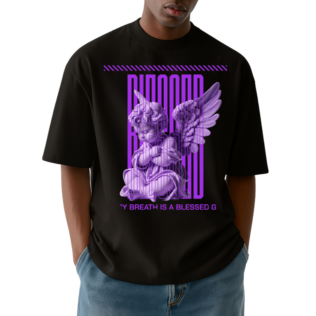 Camiseta Casual Unissex Modelo Oversized "Anjo Blesse Roxo" – Promoção Tendência Streetwear Estampada Casual