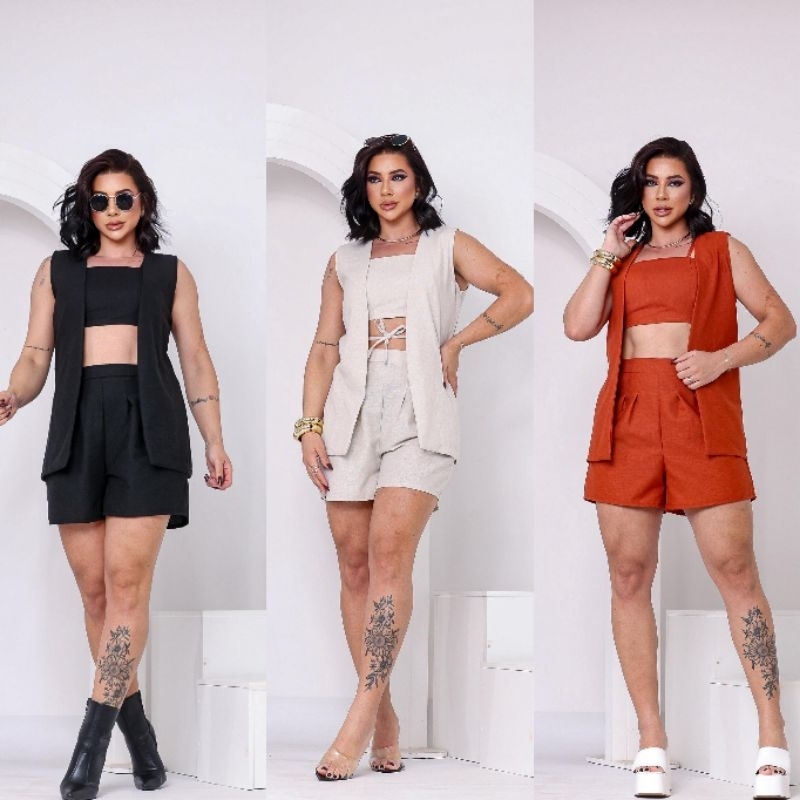 Conjunto feminino 3 peças Linho colete + cropedd + short em Oferta na Shopee