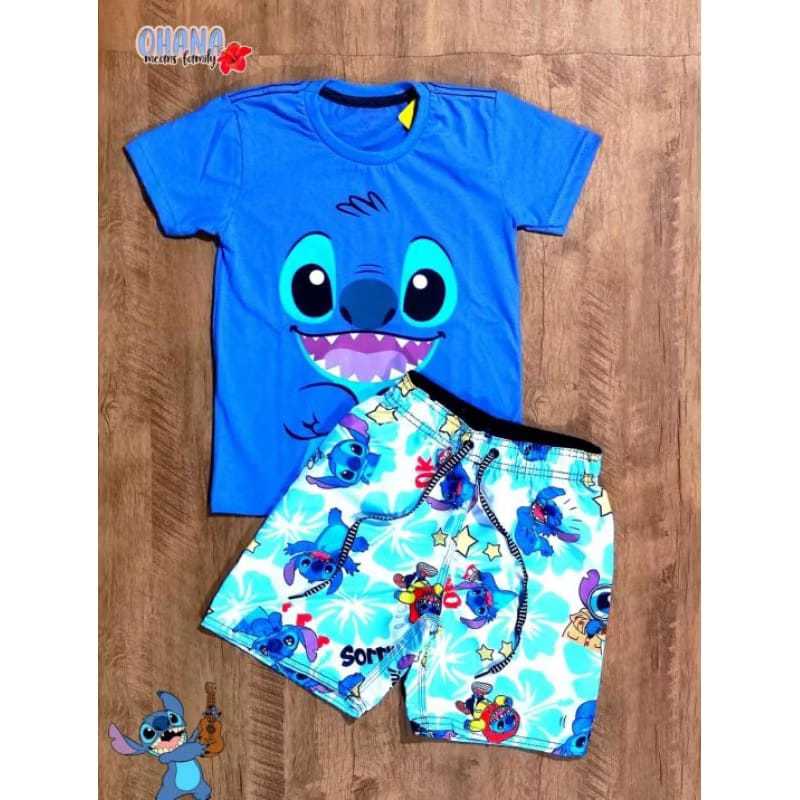 Conjunto Infantil Masculino Stitch | Camiseta e Bermuda Personagem Verão Menino.