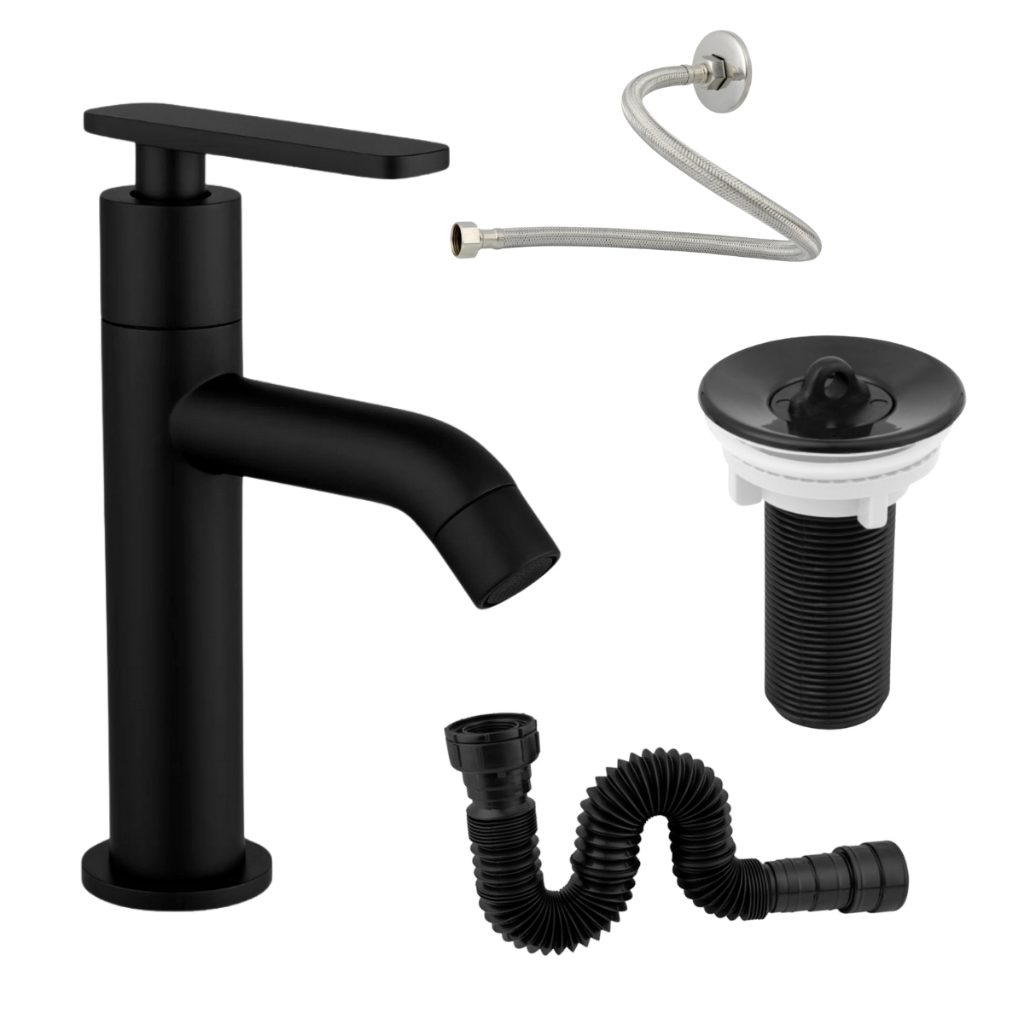 KIT Torneira Pia de Banheiro Lavabo Alavanca Moderna Preta ABS + Valvula 7/8 + E
