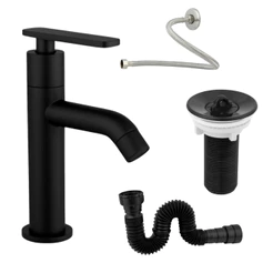 KIT Torneira Pia de Banheiro Lavabo Alavanca Moderna Preta ABS + Valvula 7/8 + Engate + Sifão