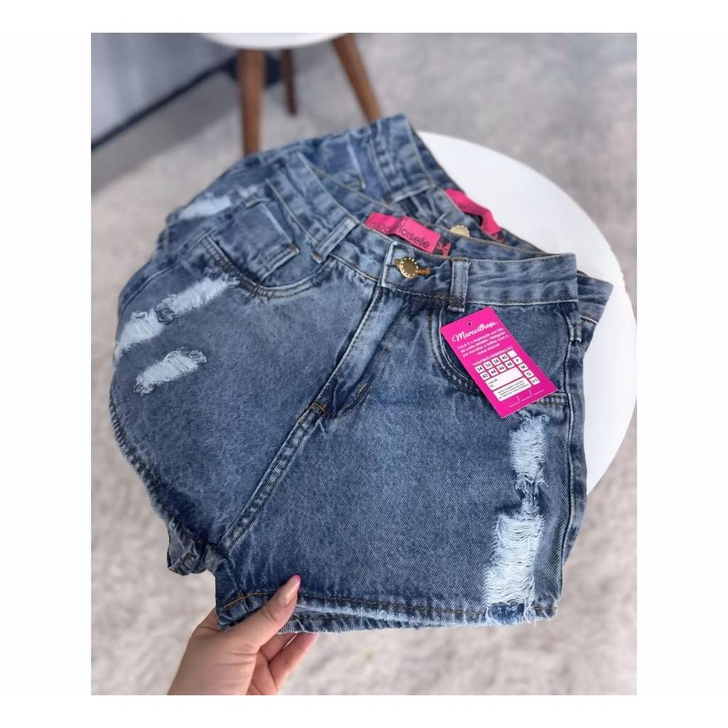 Short Jeans Feminino Cintura Alta Barra Virada Sem Lycra Blogueira Tendencia — imagem 2 de 2