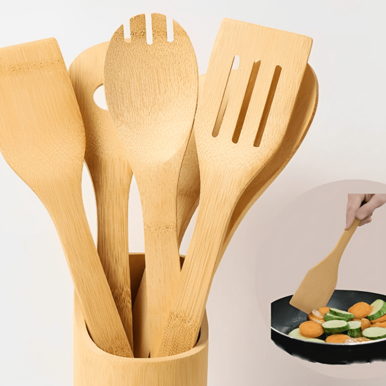 Kit 4 peças ESPATULAS UTENSÍLIOS BAMBU + SUPORTE PRA GUARDAR Bambu