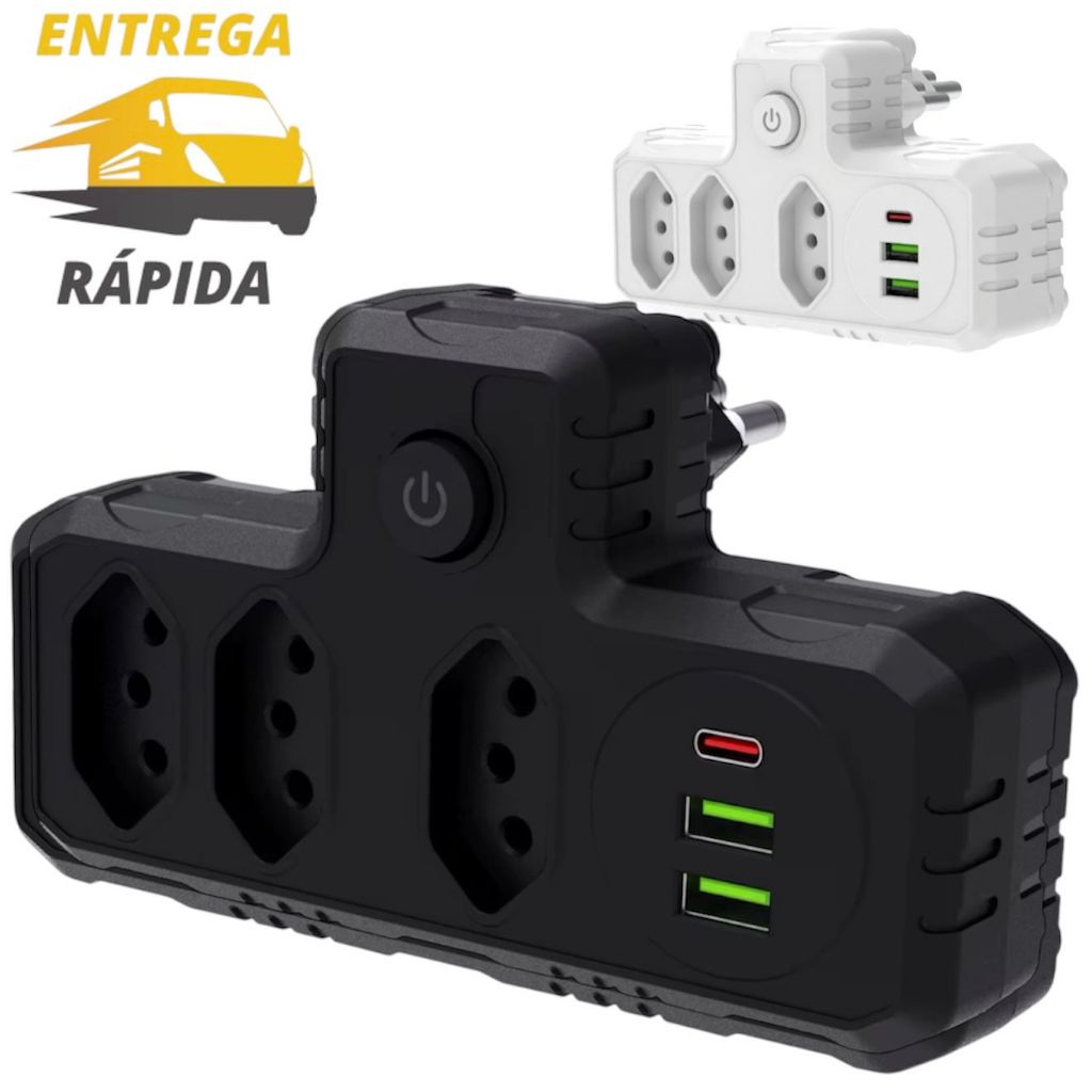 Extensão Filtro De Linha Régua de Parede USB Tipo C e 3 Tomadas 10a