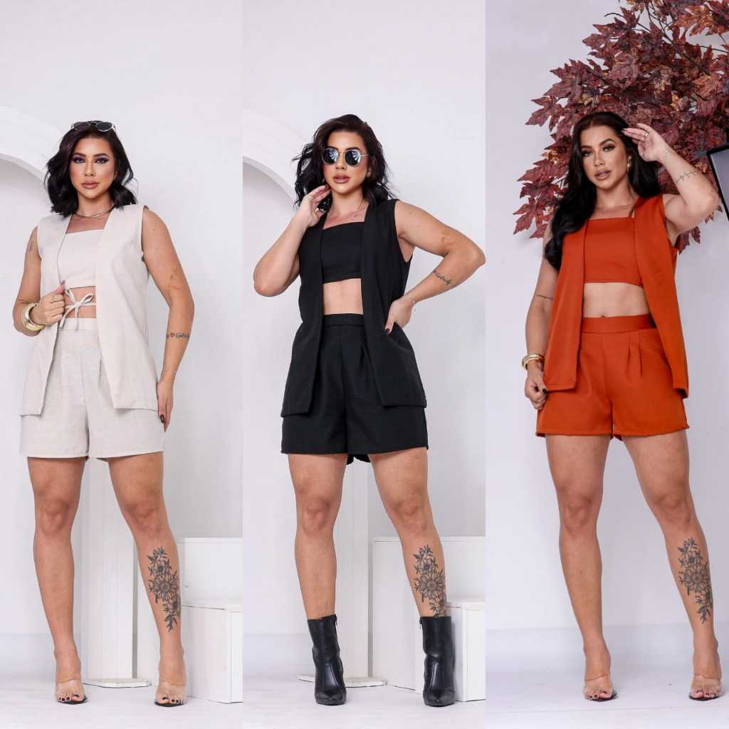 Conjunto feminino 3 peças linho P M G e GG colete+ cropped+ short em Oferta na Shopee