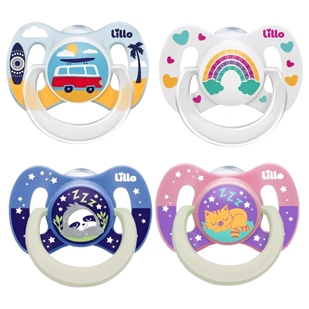 Kit 2 Chupetas Dia e Noite Brilha no Escuro Lillo Bico Ortodôntico Silicone Funny +6 Meses