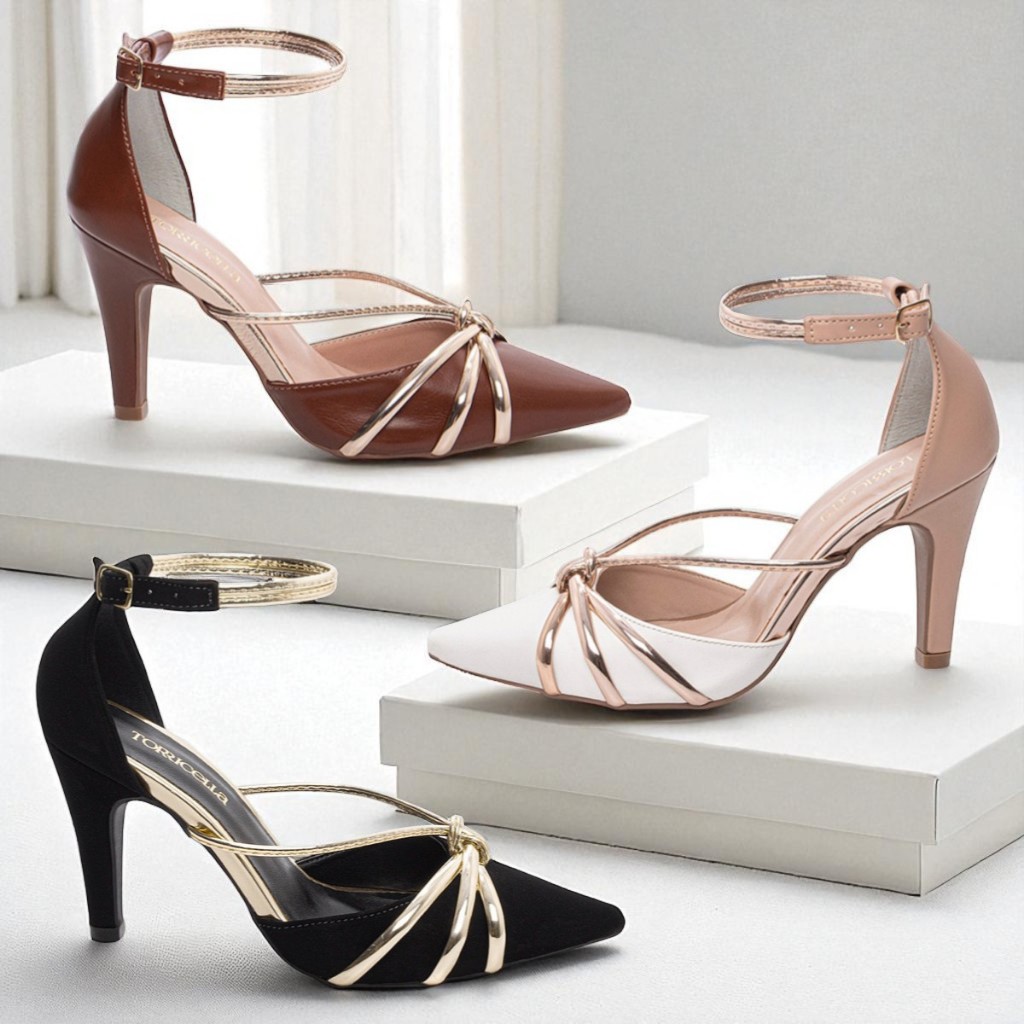 Scarpin Luxo Feminino Salto Alto Fino 9cm Tiras Metalizadas Elegante Social Festa Sapato Torricella