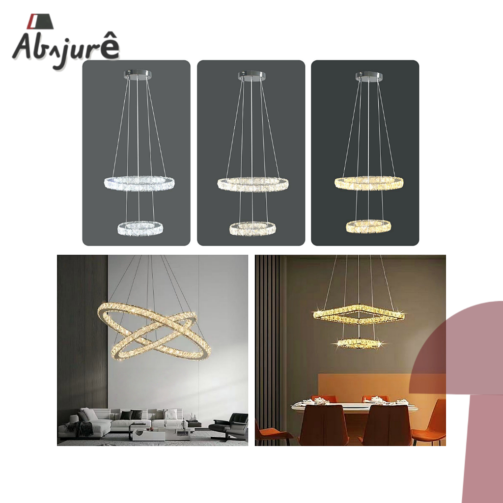 Pendente Lustre Cristal Legítima 2 Anel 2 Arcos 20+30CM Luminária Pendente Cristal Luxo Cinderella