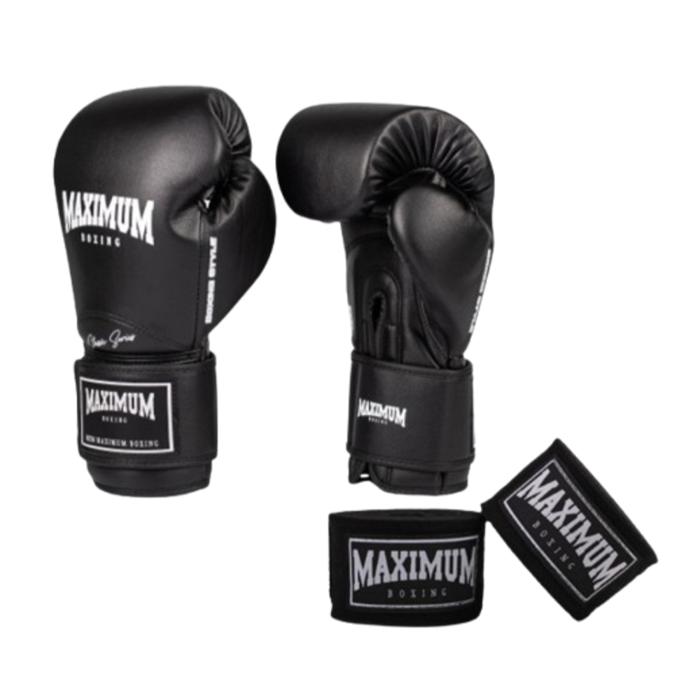 Luva Linha Iniciante para Boxe e Muay Thai New Classic Black + Bandagem de 3 ou 5 Metros - Maximum