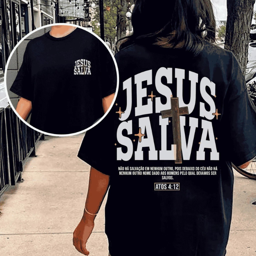 Camiseta Basica Evangelica Streetwear Algodão Estampado Jesus Salva Masculino Feminino