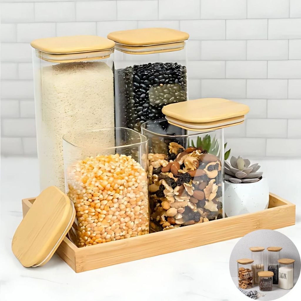Kit Potes Quadrado  Grande de Vidro com Tampa Bambu Grande Mantimentos