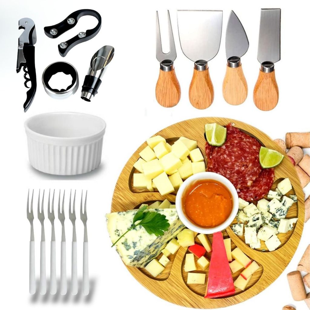 Kit Petisqueira Redonda + 6 Garfos Para Frios e Queijos Gamela MDF