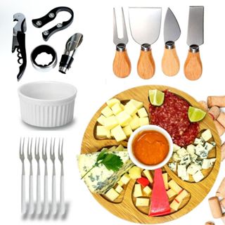 Kit Petisqueira Redonda bambu + 4 Facas Queijo + 4 Peças Vinho Com Ramekin e Garfinhos p/Petisco em Oferta na Shopee