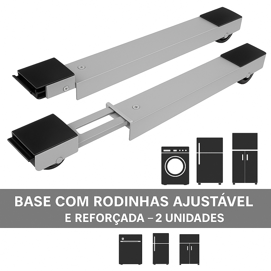 Base com Rodinhas Ajustável Reforçada – Para Máquina de Lavar, Fogão, Geladeira e Móveis
