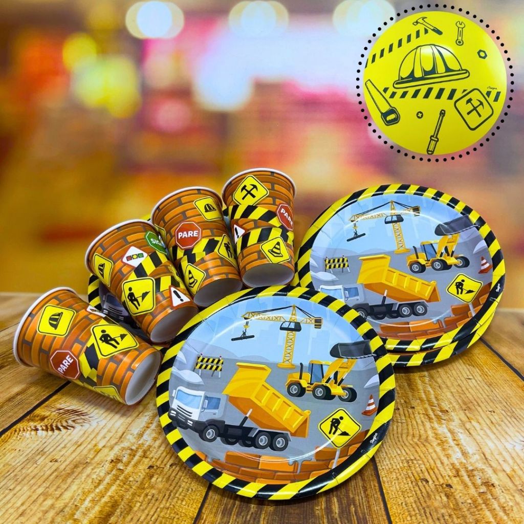 KIT FESTA CONSTRUÇÃO 16 PRATOS + 16 COPOS DESCARTÁVEL 180 ML PAPEL - REGINA(CHOCO)